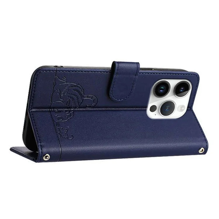 YB Imprinting Series-9 for iPhone 14 Pro Case Cat Mouse Pattern Leather Phone Cover with RFID Blocking