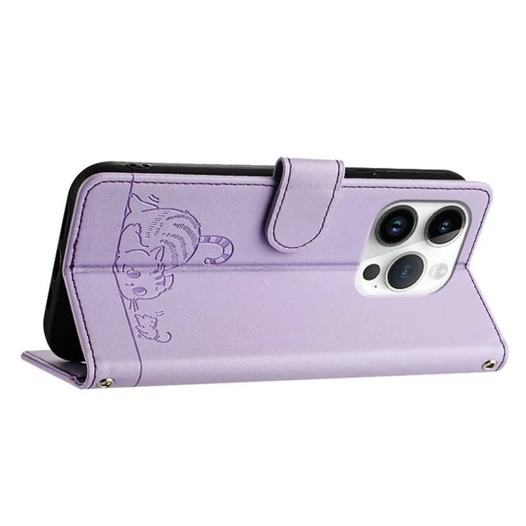 YB Imprinting Series-9 for iPhone 14 Pro Case Cat Mouse Pattern Leather Phone Cover with RFID Blocking