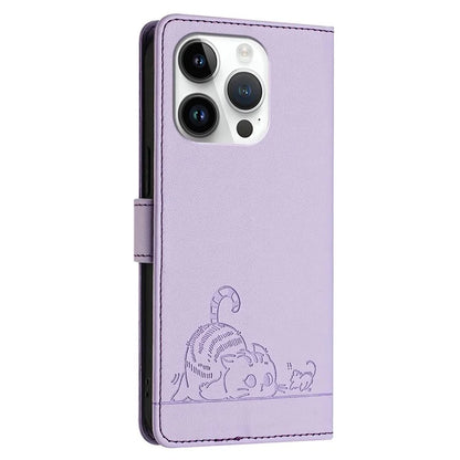 YB Imprinting Series-9 for iPhone 14 Pro Case Cat Mouse Pattern Leather Phone Cover with RFID Blocking