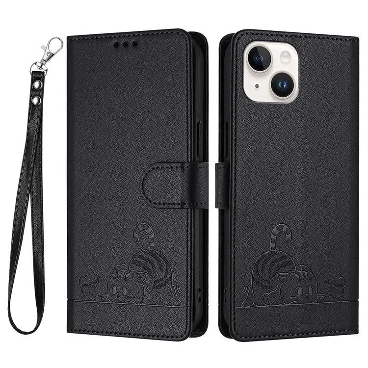 YB Imprinting Series-9 for iPhone 15 Leather Case Cat Mouse Pattern RFID Blocking Phone Cover