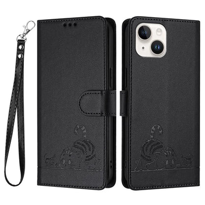 YB Imprinting Series-9 for iPhone 15 Leather Case Cat Mouse Pattern RFID Blocking Phone Cover