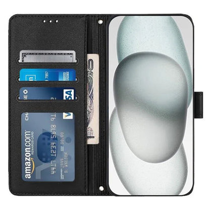YB Imprinting Series-9 for iPhone 15 Leather Case Cat Mouse Pattern RFID Blocking Phone Cover