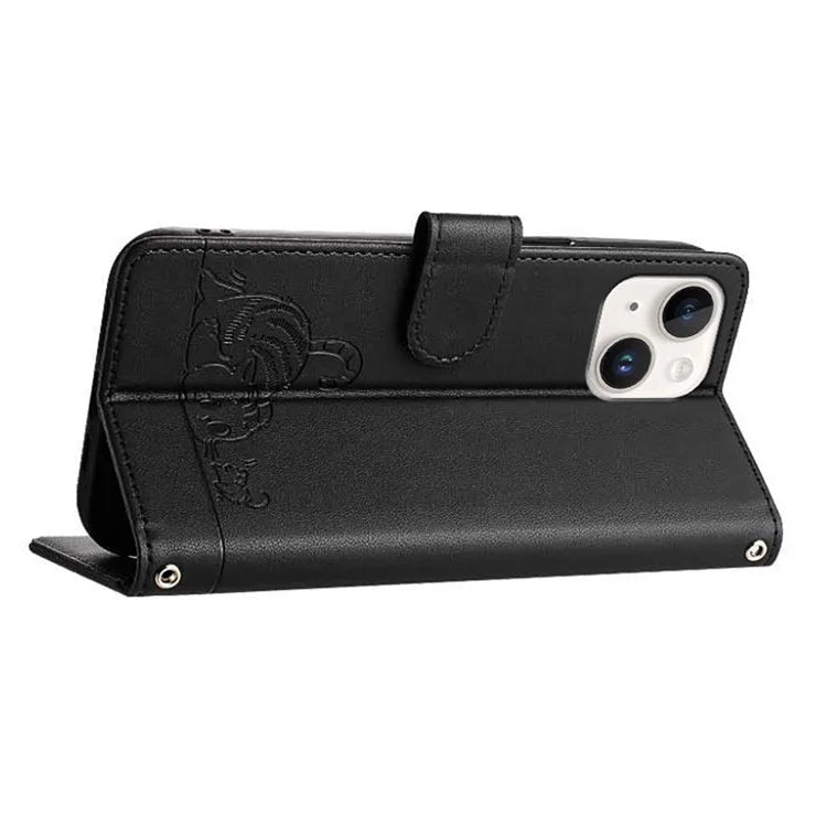 YB Imprinting Series-9 for iPhone 15 Leather Case Cat Mouse Pattern RFID Blocking Phone Cover