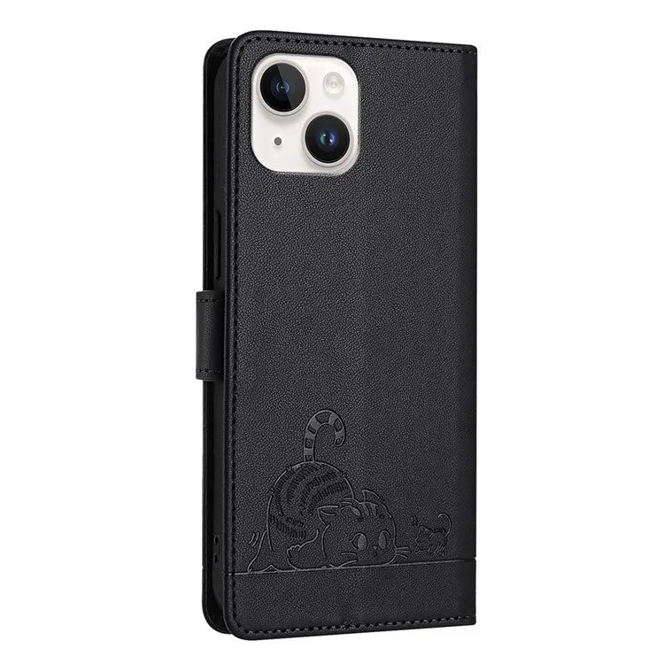 YB Imprinting Series-9 for iPhone 15 Leather Case Cat Mouse Pattern RFID Blocking Phone Cover