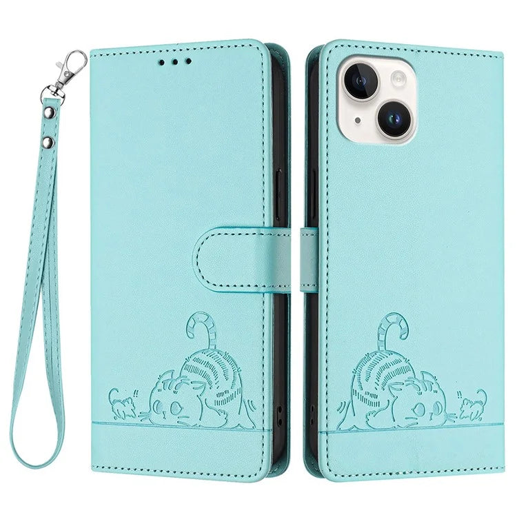 YB Imprinting Series-9 for iPhone 15 Leather Case Cat Mouse Pattern RFID Blocking Phone Cover