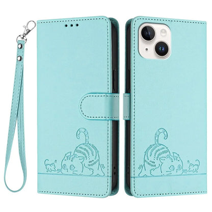 YB Imprinting Series-9 for iPhone 15 Leather Case Cat Mouse Pattern RFID Blocking Phone Cover