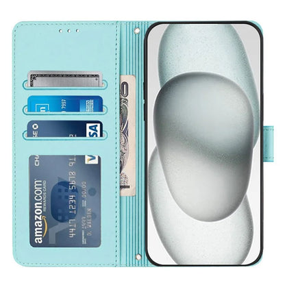 YB Imprinting Series-9 for iPhone 15 Leather Case Cat Mouse Pattern RFID Blocking Phone Cover