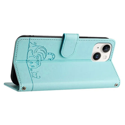 YB Imprinting Series-9 for iPhone 15 Leather Case Cat Mouse Pattern RFID Blocking Phone Cover