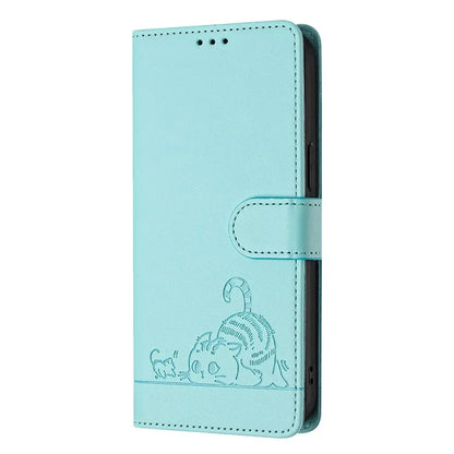 YB Imprinting Series-9 for iPhone 15 Leather Case Cat Mouse Pattern RFID Blocking Phone Cover