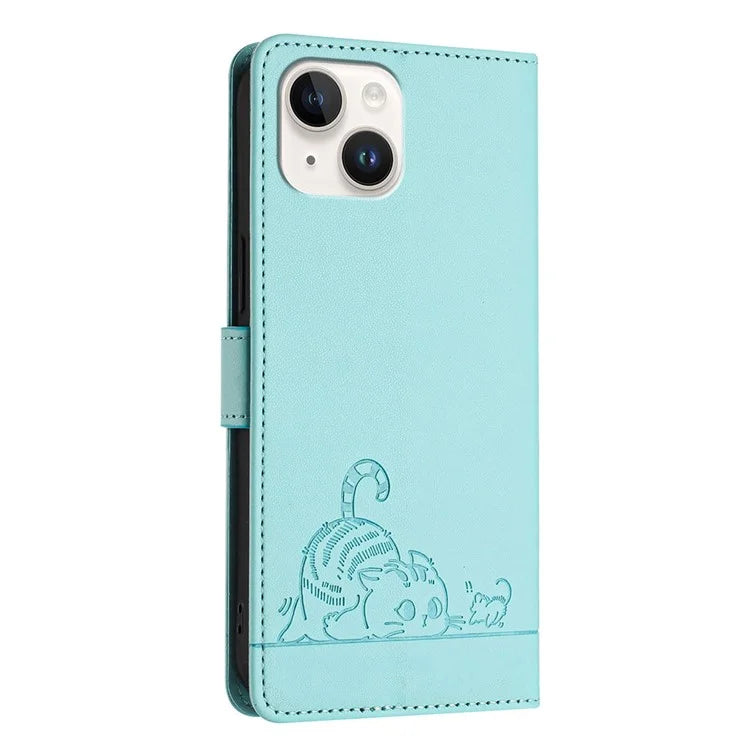 YB Imprinting Series-9 for iPhone 15 Leather Case Cat Mouse Pattern RFID Blocking Phone Cover