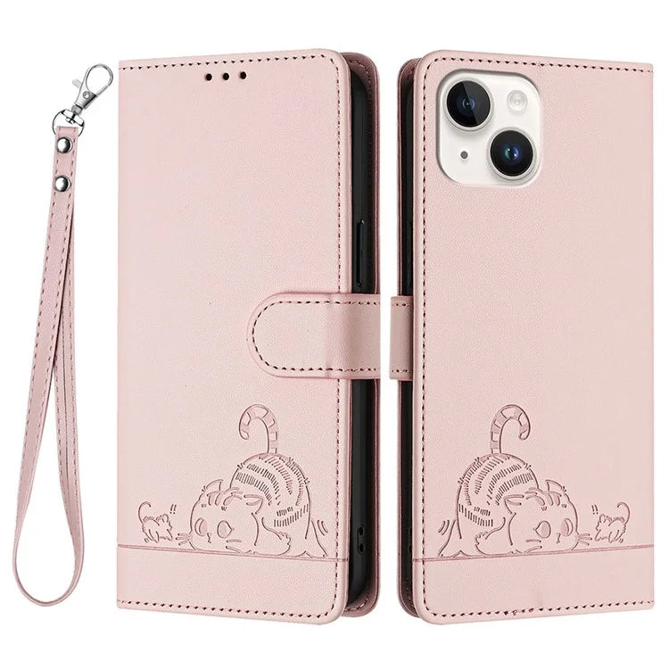 YB Imprinting Series-9 for iPhone 15 Leather Case Cat Mouse Pattern RFID Blocking Phone Cover