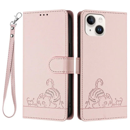 YB Imprinting Series-9 for iPhone 15 Leather Case Cat Mouse Pattern RFID Blocking Phone Cover