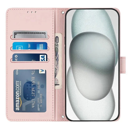 YB Imprinting Series-9 for iPhone 15 Leather Case Cat Mouse Pattern RFID Blocking Phone Cover