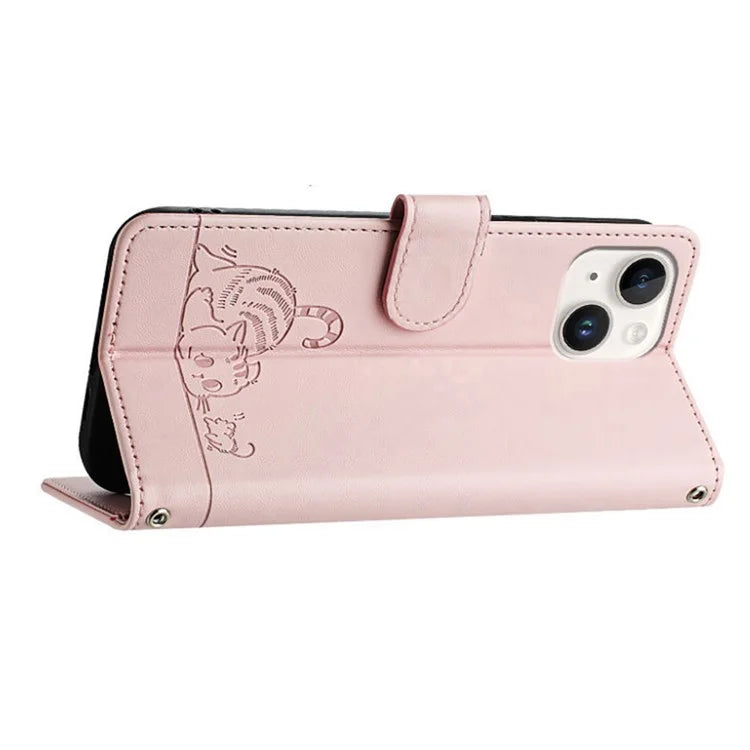 YB Imprinting Series-9 for iPhone 15 Leather Case Cat Mouse Pattern RFID Blocking Phone Cover