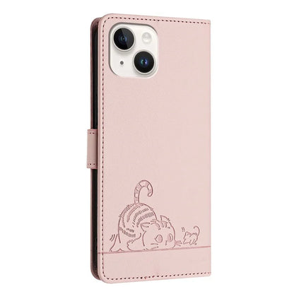 YB Imprinting Series-9 for iPhone 15 Leather Case Cat Mouse Pattern RFID Blocking Phone Cover