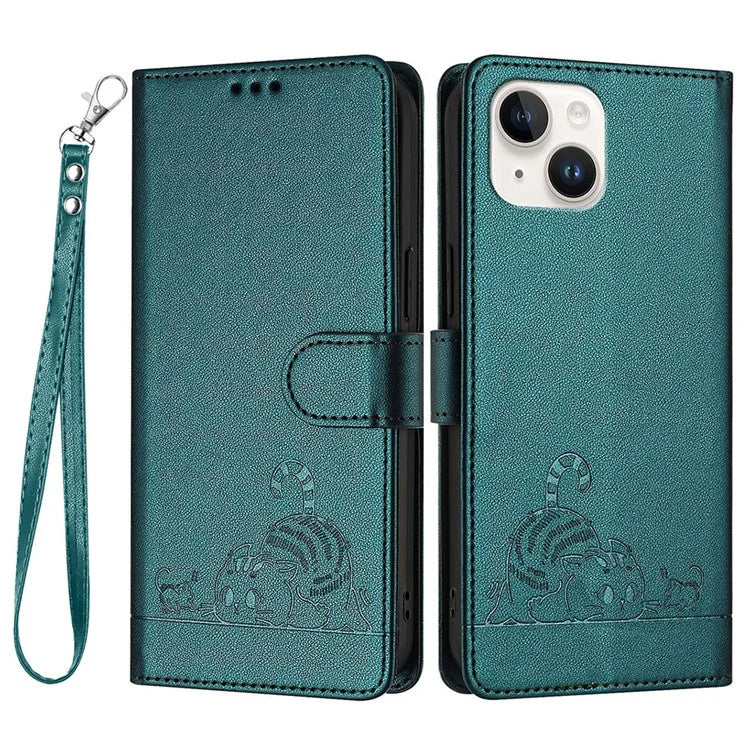 YB Imprinting Series-9 for iPhone 15 Leather Case Cat Mouse Pattern RFID Blocking Phone Cover