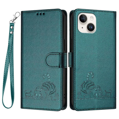 YB Imprinting Series-9 for iPhone 15 Leather Case Cat Mouse Pattern RFID Blocking Phone Cover