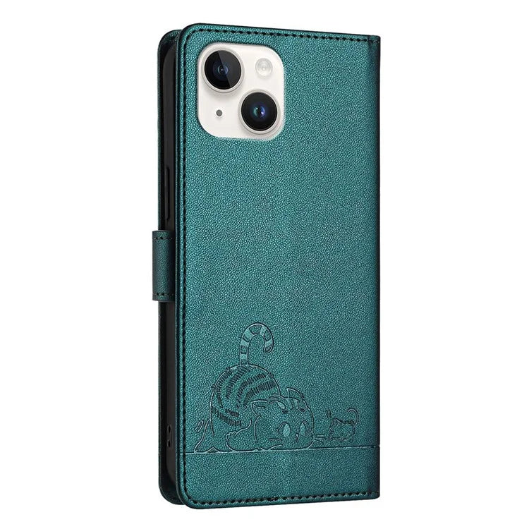 YB Imprinting Series-9 for iPhone 15 Leather Case Cat Mouse Pattern RFID Blocking Phone Cover