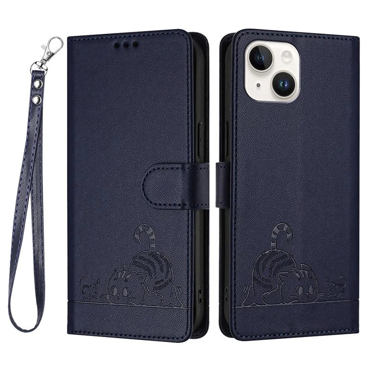 YB Imprinting Series-9 for iPhone 15 Leather Case Cat Mouse Pattern RFID Blocking Phone Cover