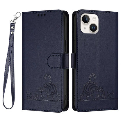 YB Imprinting Series-9 for iPhone 15 Leather Case Cat Mouse Pattern RFID Blocking Phone Cover