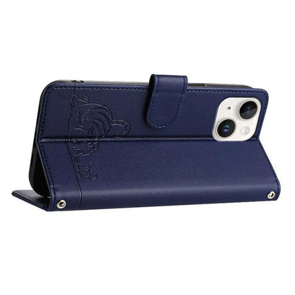 YB Imprinting Series-9 for iPhone 15 Leather Case Cat Mouse Pattern RFID Blocking Phone Cover