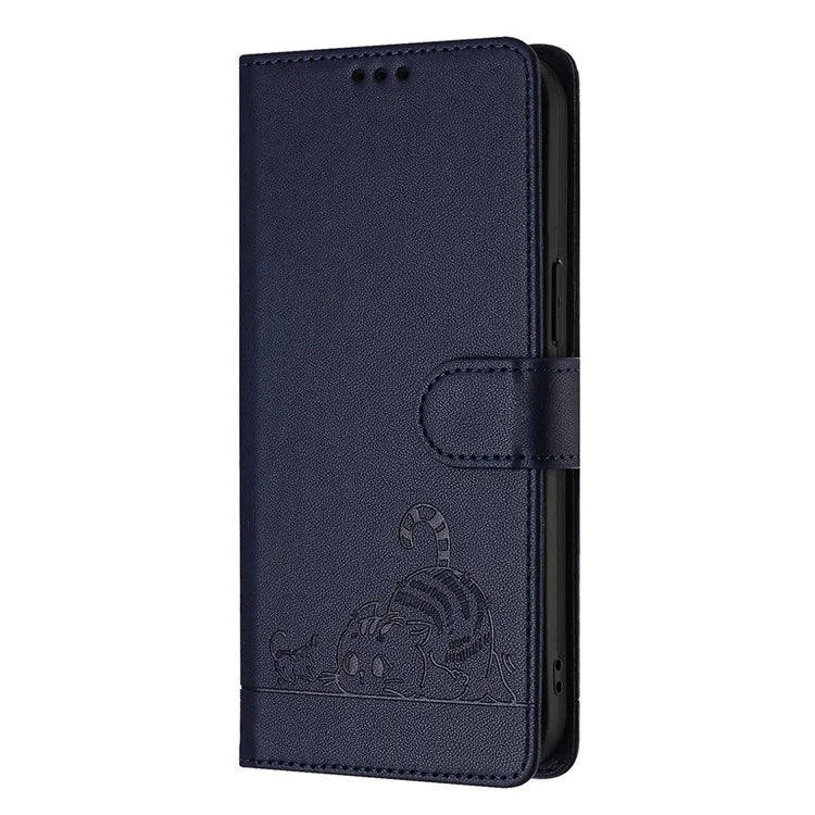 YB Imprinting Series-9 for iPhone 15 Leather Case Cat Mouse Pattern RFID Blocking Phone Cover