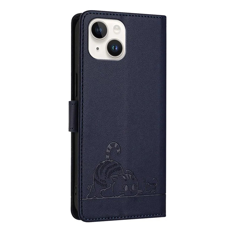 YB Imprinting Series-9 for iPhone 15 Leather Case Cat Mouse Pattern RFID Blocking Phone Cover