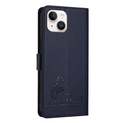 YB Imprinting Series-9 for iPhone 15 Leather Case Cat Mouse Pattern RFID Blocking Phone Cover