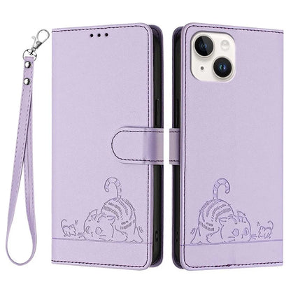 YB Imprinting Series-9 for iPhone 15 Leather Case Cat Mouse Pattern RFID Blocking Phone Cover
