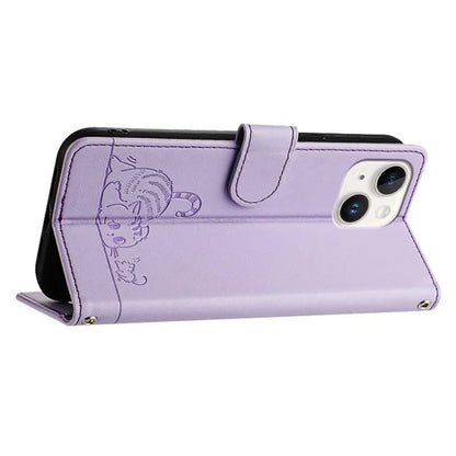 YB Imprinting Series-9 for iPhone 15 Leather Case Cat Mouse Pattern RFID Blocking Phone Cover