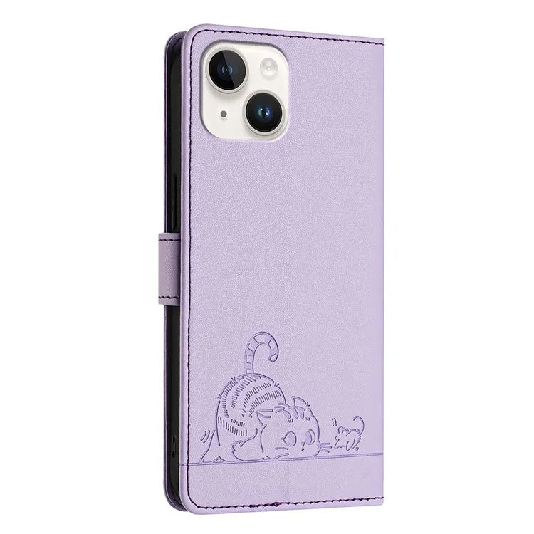 YB Imprinting Series-9 for iPhone 15 Leather Case Cat Mouse Pattern RFID Blocking Phone Cover