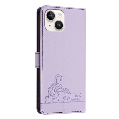 YB Imprinting Series-9 for iPhone 15 Leather Case Cat Mouse Pattern RFID Blocking Phone Cover
