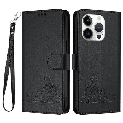 YB Imprinting Series-9 for iPhone 15 Pro Wallet Case Cat Mouse Pattern Leather Phone Cover with Strap