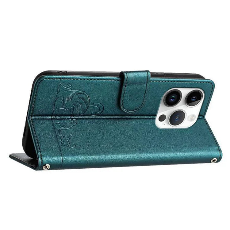 YB Imprinting Series-9 for iPhone 15 Pro Wallet Case Cat Mouse Pattern Leather Phone Cover with Strap