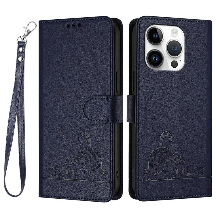 YB Imprinting Series-9 for iPhone 15 Pro Wallet Case Cat Mouse Pattern Leather Phone Cover with Strap