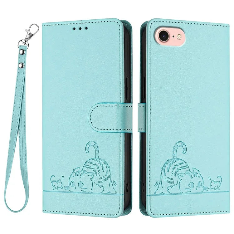YB Imprinting Series-9 for iPhone SE (2024) Case Cat Mouse Pattern RFID Blocking Leather Cover