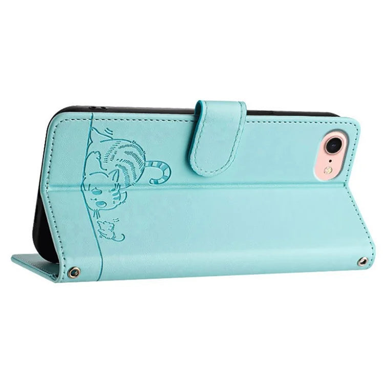 YB Imprinting Series-9 for iPhone SE (2024) Case Cat Mouse Pattern RFID Blocking Leather Cover