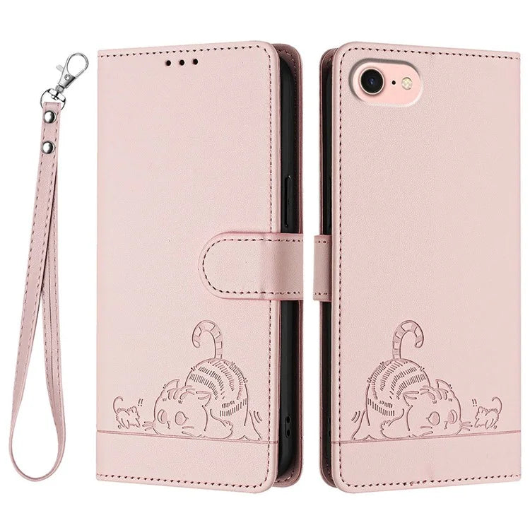 YB Imprinting Series-9 for iPhone SE (2024) Case Cat Mouse Pattern RFID Blocking Leather Cover