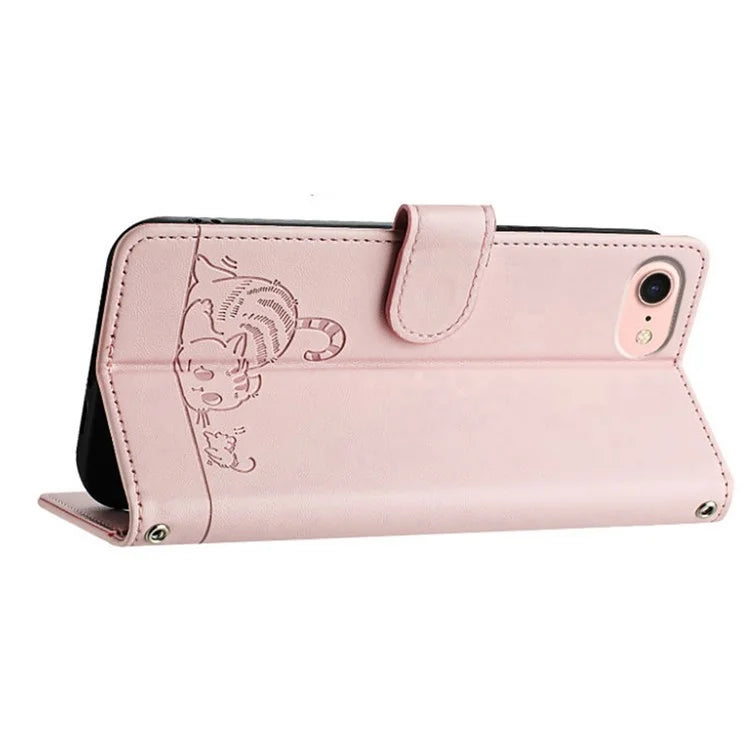 YB Imprinting Series-9 for iPhone SE (2024) Case Cat Mouse Pattern RFID Blocking Leather Cover