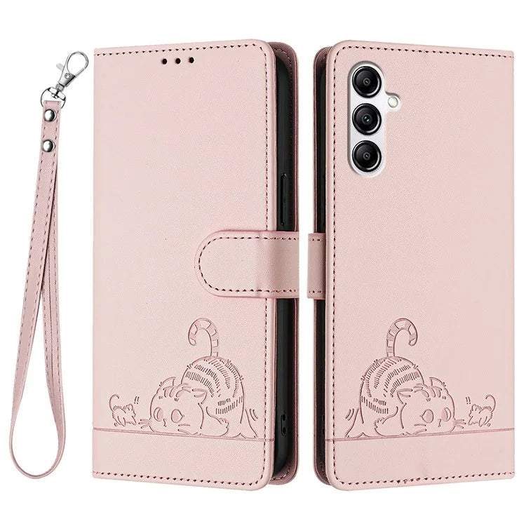 YB Imprinting Series-9 for Samsung Galaxy A14 4G / A14 5G Case RFID Blocking Pattern Imprint Leather Phone Shell