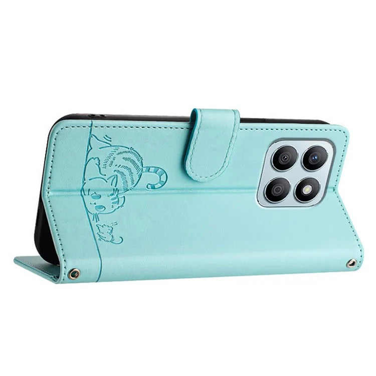 YB Imprinting Series-9 for Honor X8b 4G Case RFID Blocking Wallet Leather Cover Cat Mouse Pattern
