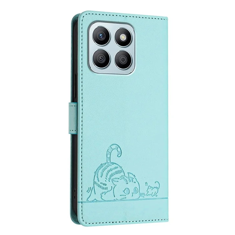 YB Imprinting Series-9 for Honor X8b 4G Case RFID Blocking Wallet Leather Cover Cat Mouse Pattern