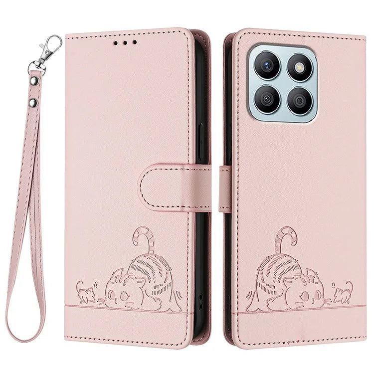 YB Imprinting Series-9 for Honor X8b 4G Case RFID Blocking Wallet Leather Cover Cat Mouse Pattern