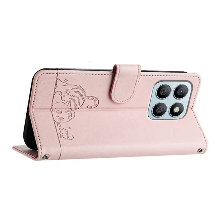 YB Imprinting Series-9 for Honor X8b 4G Case RFID Blocking Wallet Leather Cover Cat Mouse Pattern