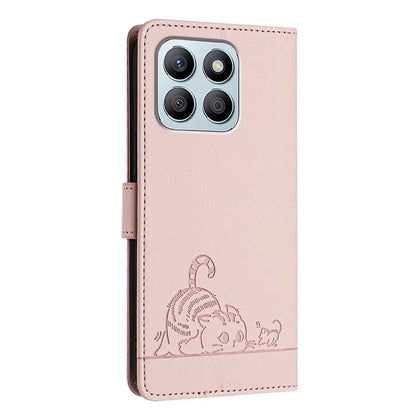 YB Imprinting Series-9 for Honor X8b 4G Case RFID Blocking Wallet Leather Cover Cat Mouse Pattern
