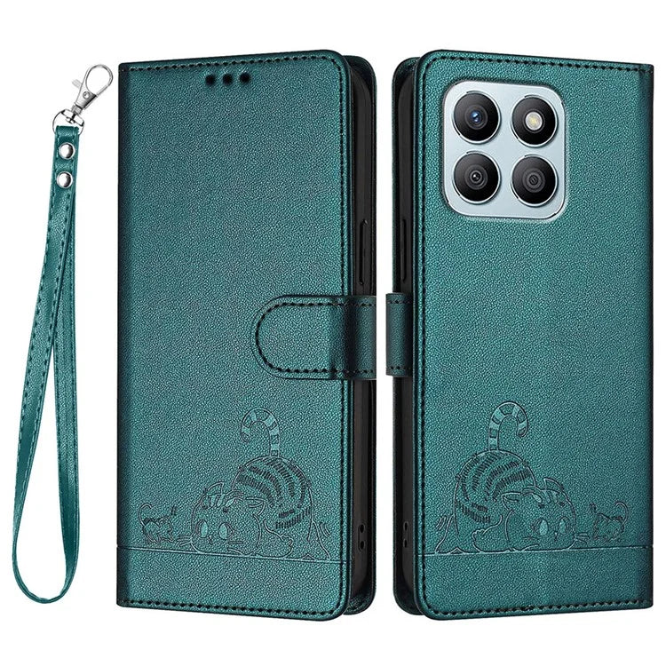 YB Imprinting Series-9 for Honor X8b 4G Case RFID Blocking Wallet Leather Cover Cat Mouse Pattern