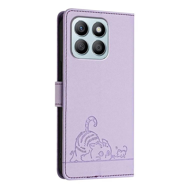 YB Imprinting Series-9 for Honor X8b 4G Case RFID Blocking Wallet Leather Cover Cat Mouse Pattern