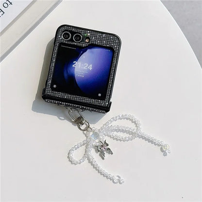 For Samsung Galaxy Z Flip5 5G Case Sequins Decor PC Phone Cover with Beaded Bowknot Pendant