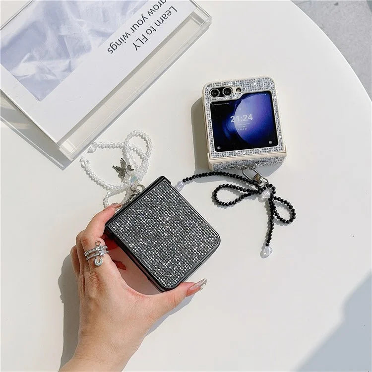 For Samsung Galaxy Z Flip5 5G Case Sequins Decor PC Phone Cover with Beaded Bowknot Pendant