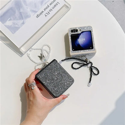 For Samsung Galaxy Z Flip5 5G Case Sequins Decor PC Phone Cover with Beaded Bowknot Pendant
